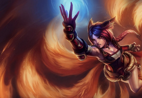 пламя, девушка, League of legends, ahri, уши животного, броня