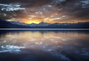 Озеро, гряда, отражение, скалы, тучи, горы, гладь, закат