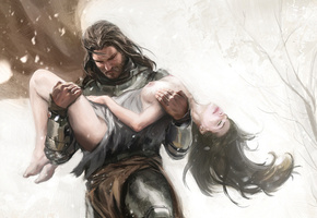 лес, мужчина, снег, женщина, на руках, Арт