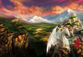 пейзаж, дракон, фэнтези, Арт, девушка, эльфийка, эльф