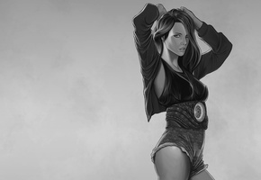 поза, Девушка, серый фон, пояс, минимализм