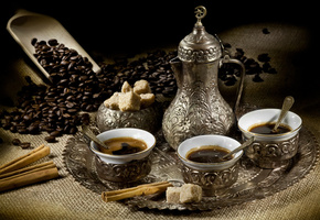 чайничек, корица, поднос, чашки, Кофе, зёрна, лопаточка
