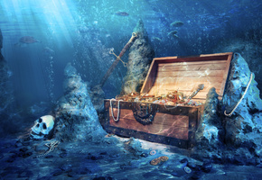 меч, камни, рыбы, череп, сундук, сокровища, глубина, Ре