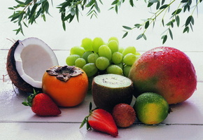 хурма, фрукты, кокос, клубника, виноград, Еда, киви