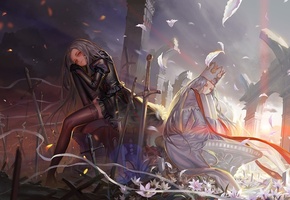 оружие, девушки, цветы, fate zero, меч, Fate stay night, поле боя