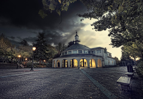 площадь, Город, дерево, часовня, испания, брусчатка