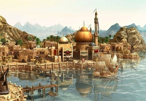 Anno 1404, ship, game wallpapers, город, порт, arrival, корабль, rendering, city