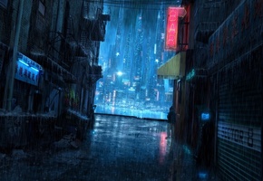 дождь, ночь, Человек, мусорный бак, вывеска, переулок