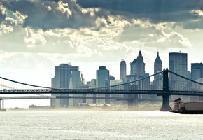 небоскребы, мост, Город, океан