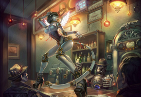 огни, робот, Арт, бар, танец, кукла, крылья, девушка