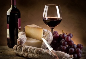 виноград, пармезан, красное, сыр, бокал, колбаса, Вино