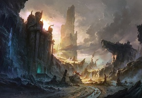 пейзаж, водопад, скалы, Арт, гигантсике, статуи, горы