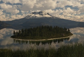 природа, озеро, гора, Арт, постройка, остров, деревья