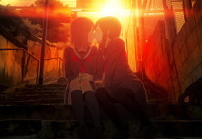 юри, Две девушки, ступеньки, yuri, портфель, kiss, поцелуй