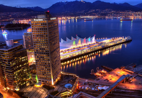 море, ванкувер, Город, пристань, горы, дома, вечер