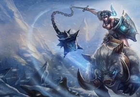 снег, арт, sejuani, League of legends, кабан, щит, knockwurst, девушка