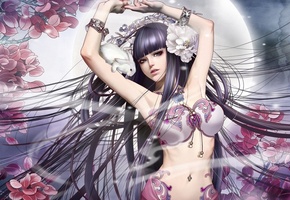 Zhang xiao bai, луна, цветы, кролик, journey to the west, девушка