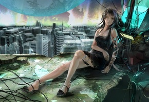 провода, девушка, город, робот, Арт, руины, осколки