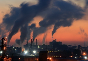 Город, трубы, фабрика, ночь, дым