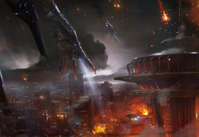 reaper attack, огонь, земля, Mass effect 3, art, арт, атака жнецов