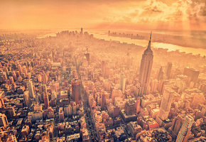 облака, New york, город, дома, нью йорк, лучи солнца