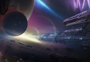 космос, планеты, метеориты, станция, корабли, Арт