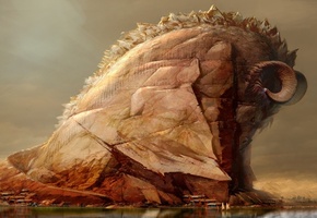 дома, гора, яхта, озеро, art by tinfoil, Дракон, отражение