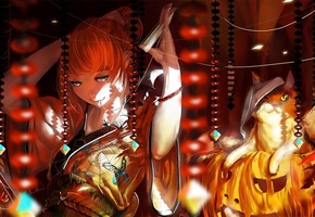 паутина, кошка, девушка, бусы, Арт, halloween, бусины, кимоно