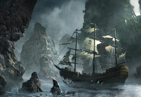 the flying dutchman, Ghost ship approaching, storm, michal matczak, sea, matchack, rocks, art