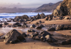 море, песок, Пляж, скалы, камни, волны, небо, берег