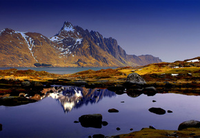 небо, вода, отражение, синее, Горы, камни, природа