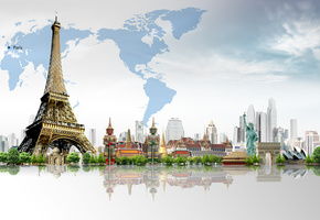 деревья, небоскрёбы, статуя свободы, Эйфелева башня