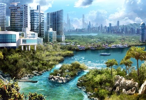 пальмы, камни, Арт, яхта, город, река, корабль, солнечно