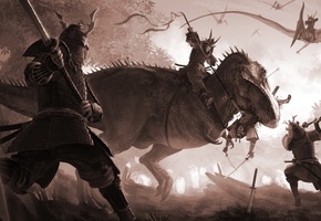 Арт, t-rex, птеродактиль, arvalis, ящер, битва, samurai, динозавр