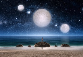 камни, Арт, фантастика, ночь, море, девушка