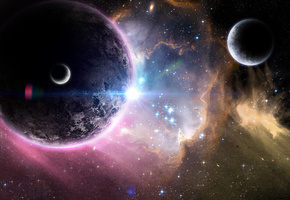 спутники, звезды, art, арт, Космос, туманность, планеты