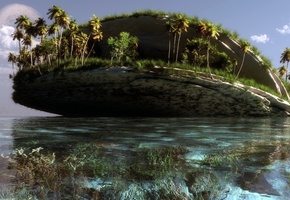 пейзаж, скалы, вода, остров, пальмы, Арт, море, klontak