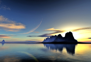 пейзаж, закат, Арт, lightdrop, вода, планета, скалы, озеро