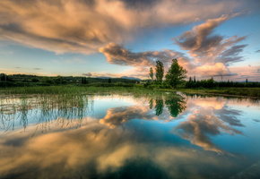 Небо, деревья, вода, отражения, облака, весна, озеро