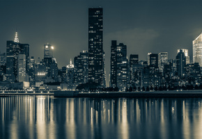 вода, ночь, Manhattan, new york city, манхеттен, нью-йорк, город