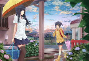 цветы, гортензия, Арт, девушки, зонт, зонтик, hourainingyou