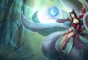 лес, ahri, lol, ушки, магия, девушка, хвосты, League of legends