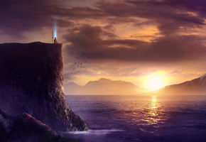 Арт, копье, скалы, монах, обрыв, пейзаж, море, человек