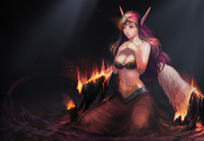 крылья, morgana, league of legends, девушка, огонь, демон, Арт