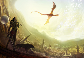 дракон, здания, меч, dragon, anndr, эльф, волк, Арт, оружие
