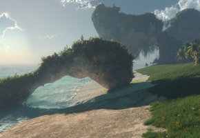 песок, пальмы, Арт, скалы, дымка, туман, море, klontak