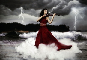 Девушка, скрипка, музыка, молния