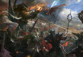 цепи, пламя, демон, кровь, воин, Арт, прыжок, битва