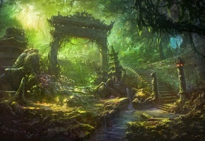 врата, река, лестница, водопад, ступеньки, Арт, руины