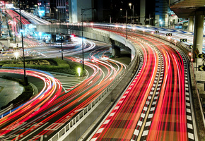 огни, япония, розвилки, Город, дороги, свет, мост, ночь